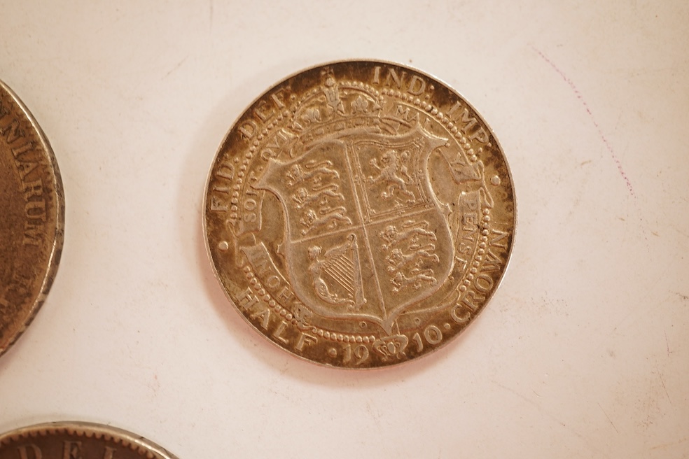British coins, George III to Edward VII, four crowns, 1819, 1820, two 1845 and Edward VII halfcrown 1910, VF (5)
